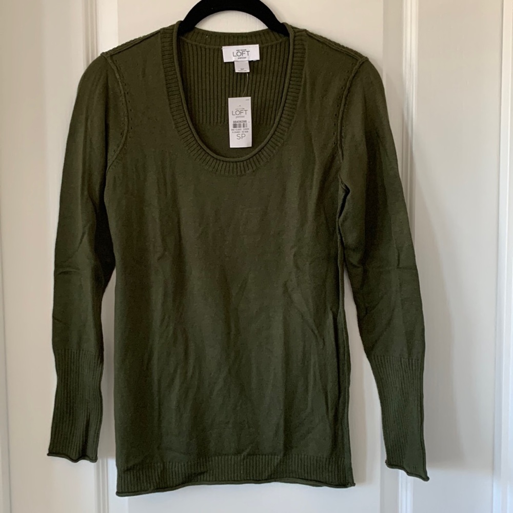 NWT LOFT Olive Green Ribbed Pointelle Knit Sweater Size Small Petite